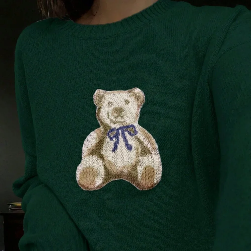 Green Casual Women's Cute Cartoon Bear Round Neck Long Sleeve Knitted Sweater